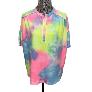 Cherish Small Rainbow Tie Dye Henley Top Oversized Festival Lounge Casual
